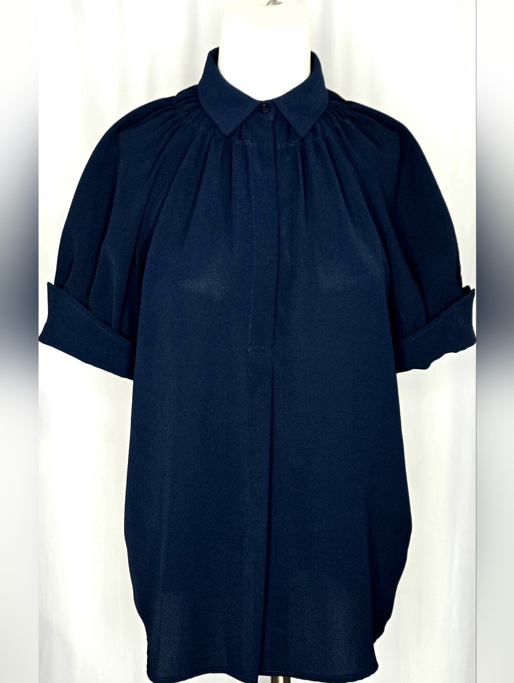 Max Studio London Navy Blue Pleated Blouse Oversized Boho Cuffed Sleeve S NWOT